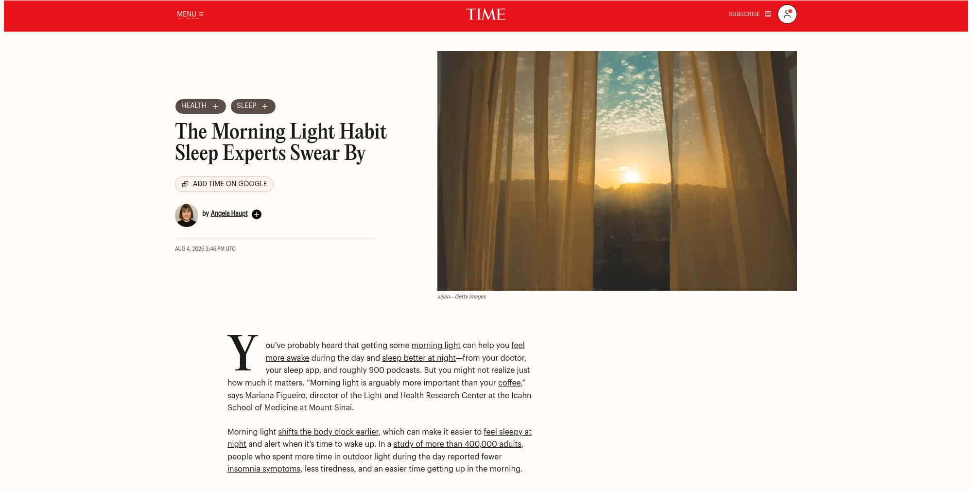 The human version of a TIME article: The Morning Light Habit Sleep Experts Swear By, as served to a browser.
